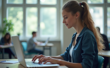 Optimiser votre parcours de formation avec Moodle de l’INSA de Rouen : conseils et bonnes pratiques Étudiant en ligne dans une salle lumineuse et moderne