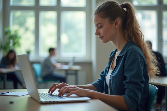 Étudiant en ligne dans une salle lumineuse et moderne