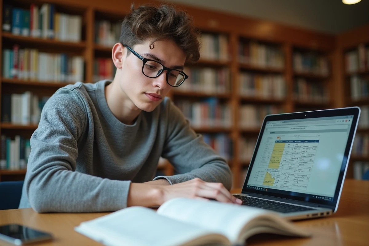 Étudiant en terminale calculant sa moyenne pondérée par les coefficients du bac sur un ordinateur portable en bibliothèque