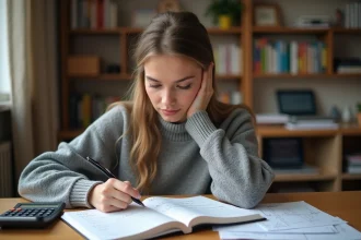 Étudiante calculant sa moyenne avec coefficient sur une calculatrice à son bureau avec des notes manuscrites