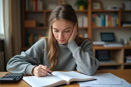 Étudiante calculant sa moyenne avec coefficient sur une calculatrice à son bureau avec des notes manuscrites