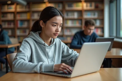 Étudiante connectée à l'ENT Unice sur un ordinateur portable dans une bibliothèque universitaire moderne