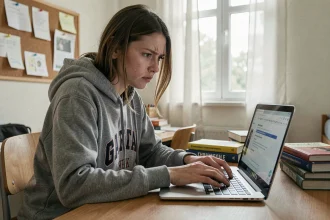 Étudiante frustrée devant un message d'erreur sur l'ENT de l'université de Normandie sur son ordinateur portable