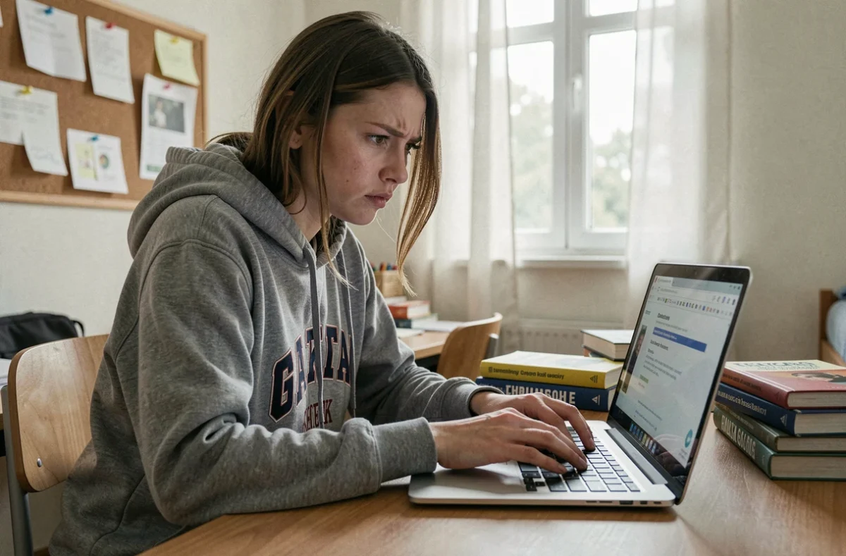 Étudiante frustrée devant un message d'erreur sur l'ENT de l'université de Normandie sur son ordinateur portable