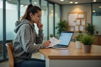 Étudiante consultant un formulaire CVEC dans un bureau administratif universitaire
