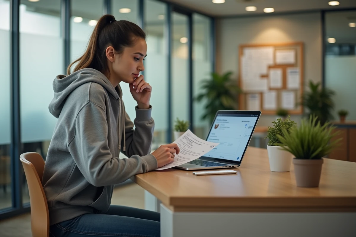 Étudiante consultant un formulaire CVEC dans un bureau administratif universitaire
