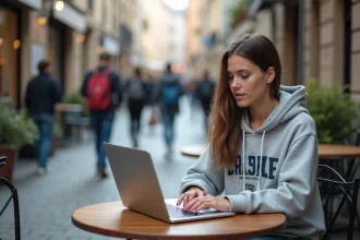 Étudiante de l'Université d'Angers connectée à l'ENT depuis un café en Europe lors d'une mobilité internationale