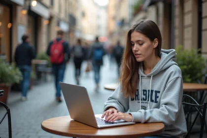 Étudiante de l'Université d'Angers connectée à l'ENT depuis un café en Europe lors d'une mobilité internationale