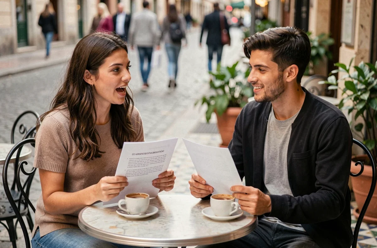 Deux étudiants pratiquant l'espagnol oral à voix haute avec des fiches de conversation dans un café en terrasse à l'atmosphère européenne