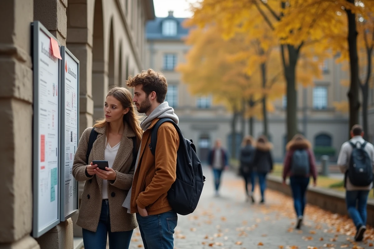 Deux étudiants consultant les critères de sélection affichés devant un bâtiment universitaire parisien