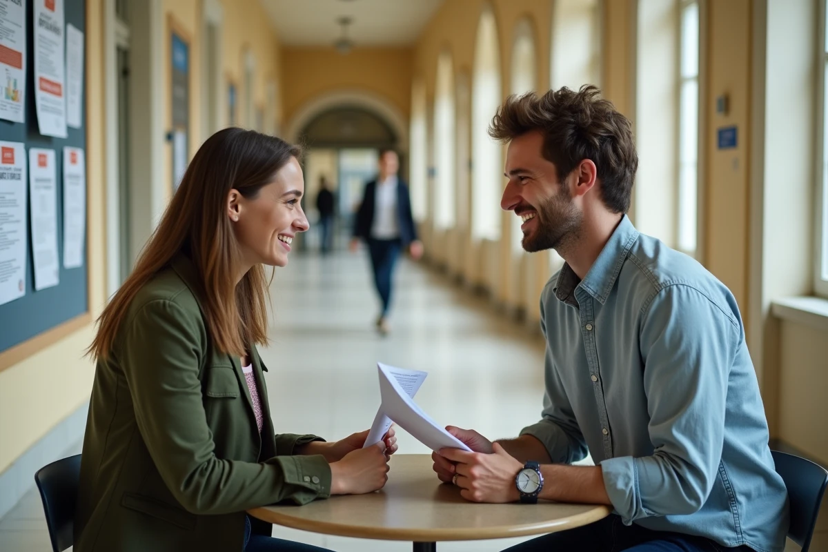 Deux étudiants comparant leurs diplômes Ensamaa et DNMADE dans un couloir universitaire