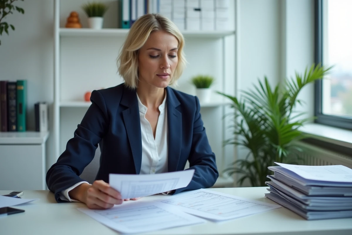 Femme d affaires en costume bleu concentrée sur des feuilles