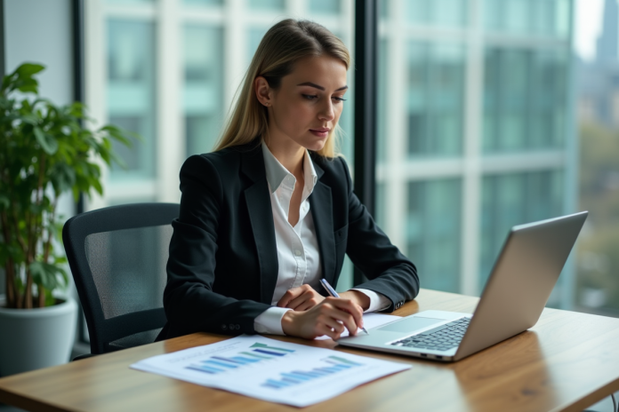 Femme d affaires analysant des graphiques ESG au bureau