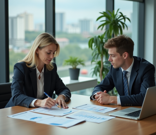 Gestion financière des entreprises : les 3 axes essentiels à maîtriser Femme d'affaires et jeune homme analysant des rapports financiers