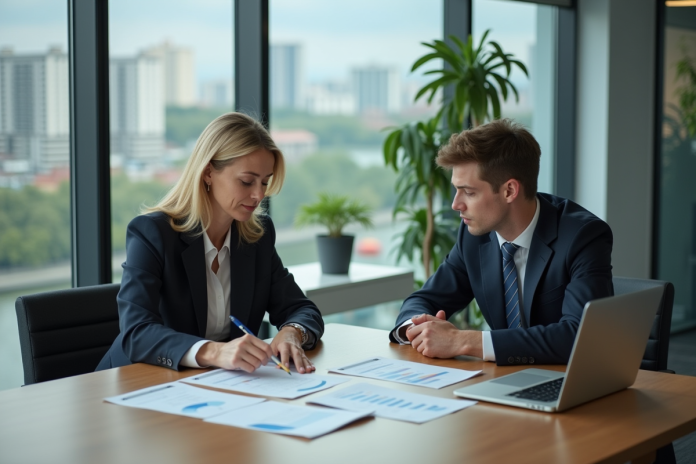 femme-affaires-jeune-homme-reunion Femme d'affaires et jeune homme analysant des rapports financiers