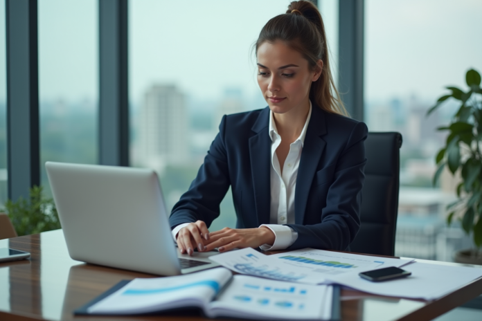 femme-affaires-revue-financiere Femme d'affaires en réunion avec rapports financiers