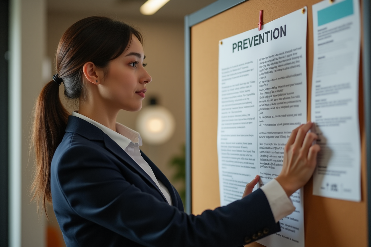 Jeune femme pinçant une affiche de prevention au bureau