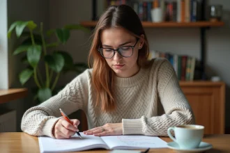 Jeune femme française étudie la grammaire espagnole à la maison