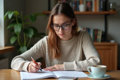 Jeune femme française étudie la grammaire espagnole à la maison