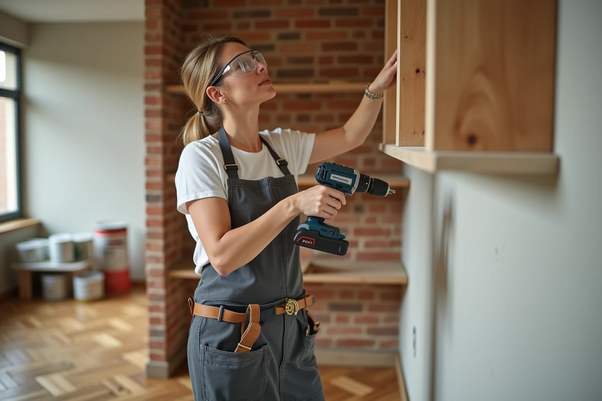 Femme certifiée en bricolage installant des étagères en bois dans un intérieur résidentiel après sa formation
