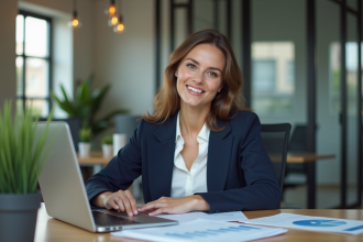 Femme professionnelle en bureau moderne lors de la revue de documents