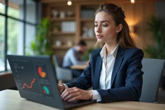 Jeune femme professionnelle travaillant sur un tableau de bord digital