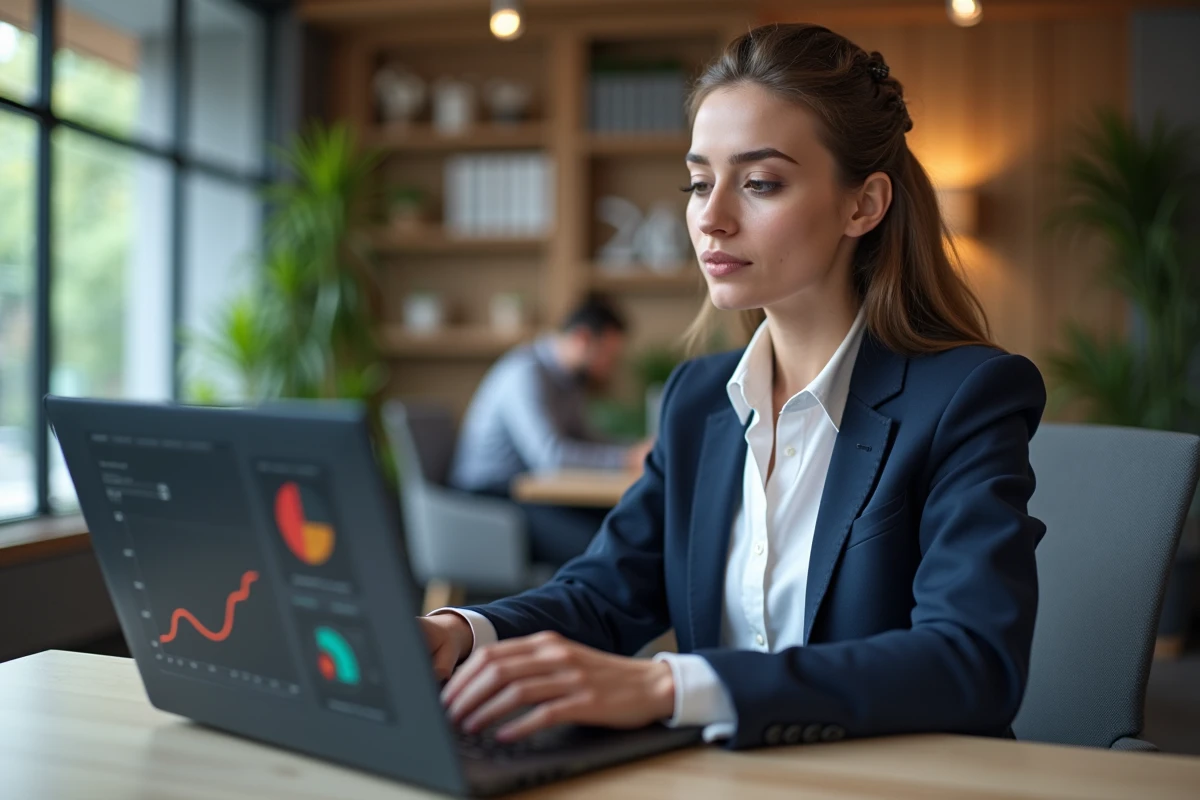 Jeune femme professionnelle travaillant sur un tableau de bord digital