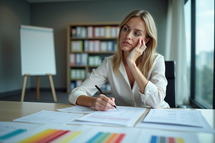Femme d'âge moyen au bureau évaluant des feuilles colorées