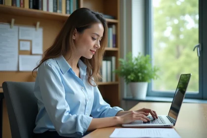 Femme en bureau universitaire vérifiant ses emails