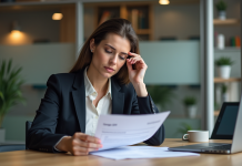 Femme professionnelle examinant un document CPF dans un bureau moderne