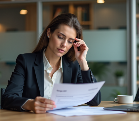 Femme professionnelle examinant un document CPF dans un bureau moderne