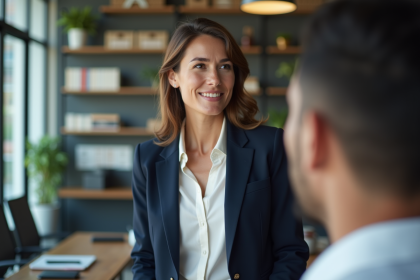 Femme confiante en réunion d'affaires en bureau moderne