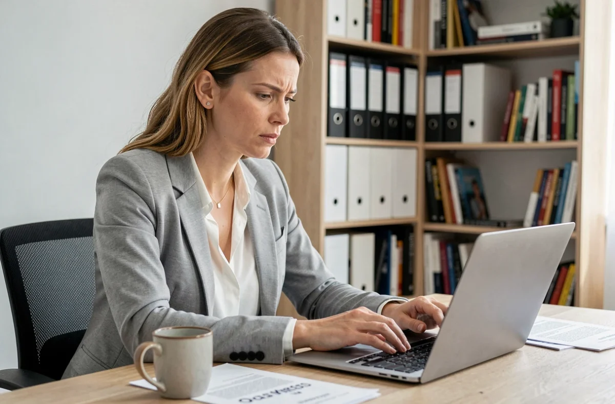 Femme consultant une fiche métier sur un site d'emploi depuis son bureau à domicile