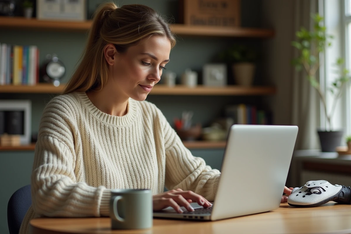 Femme débutante en golf lisant une newsletter de golf sur ordinateur portable à la maison