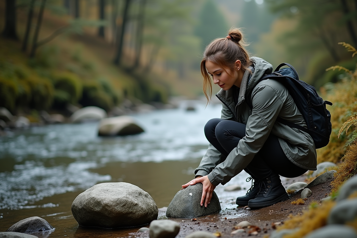Jeune femme examinant des outils en nature