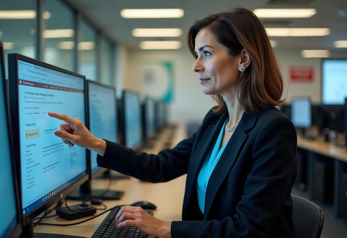 Femme en blouse vérifiant la sécurité sur un ordinateur en laboratoire