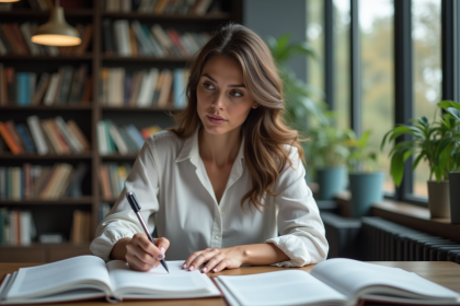 Femme concentrée étudiant dans une bibliothèque moderne