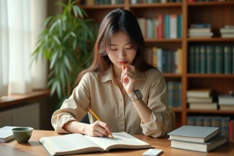 Jeune femme étudiant le japonais et le chinois à son bureau avec des livres de langues ouverts et des fiches de révision