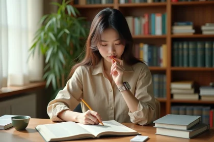 Jeune femme étudiant le japonais et le chinois à son bureau avec des livres de langues ouverts et des fiches de révision