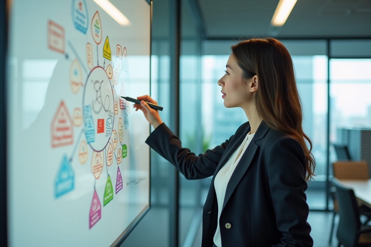 Jeune femme en réunion expliquant une stratégie sur tableau blanc