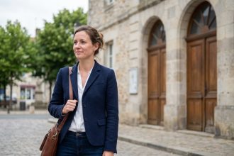 Femme en blazer debout devant la mairie de Luçon