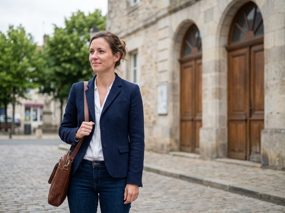 Femme en blazer debout devant la mairie de Luçon