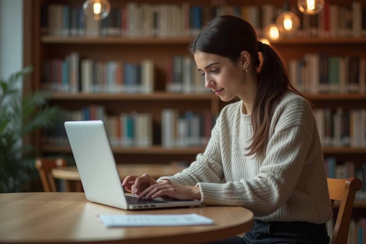 Jeune femme vérifiant ses résultats du bac à la bibliothèque