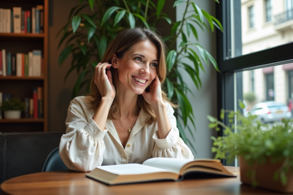 Femme souriante lisant un livre dans un café cosy