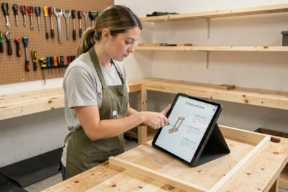 Femme novice en bricolage suivant une formation en ligne sur tablette dans un atelier home organisé