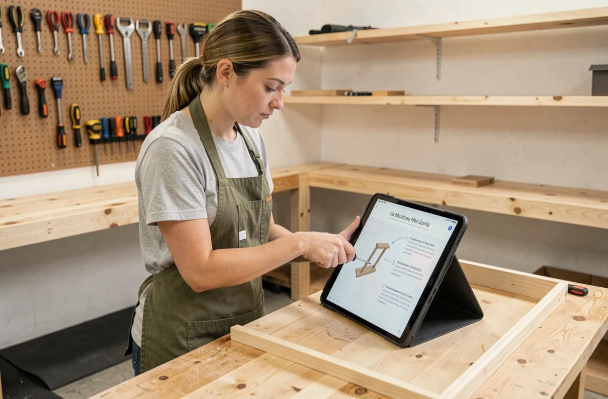 Femme novice en bricolage suivant une formation en ligne sur tablette dans un atelier home organisé