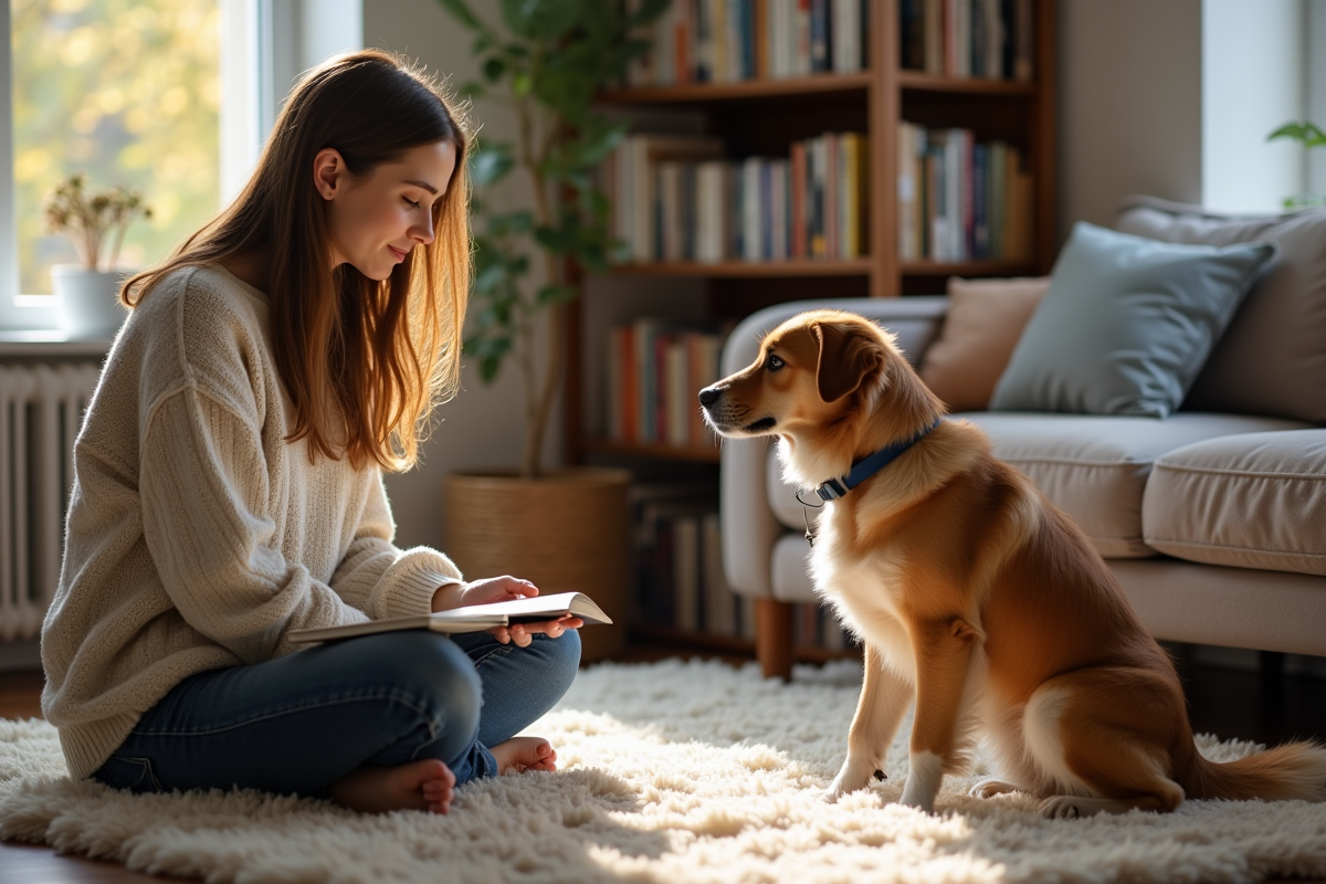 Jeune femme regardant un chien faire un truc dans un salon cosy