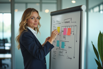 Femme en tenue d'affaires ajoutant une note colorée sur un tableau blanc