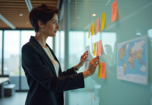 Processus d’évolution : les 3 fondamentaux expliqués Femme d'âge moyen organisant des notes colorées dans un bureau moderne