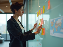 Processus d’évolution : les 3 fondamentaux expliqués Femme d'âge moyen organisant des notes colorées dans un bureau moderne